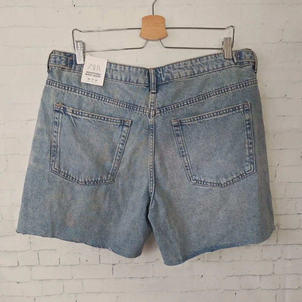 Zara 100% Cotton Adjustable Waist Mom Shorts Size 12 Blue NEW EU 44 Denim Beach